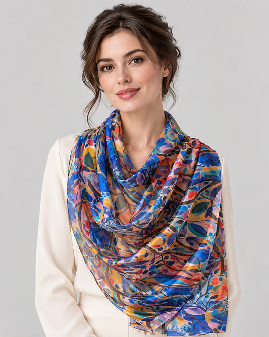 Blue Orange Large Floral Mulberry Silk Oversized Scarf – 69 x 43 in