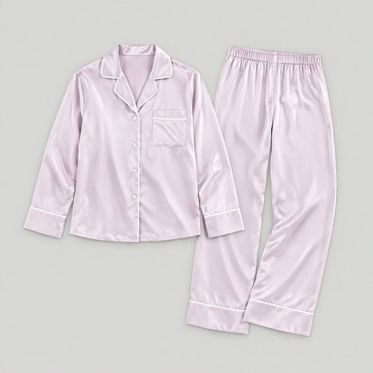 Mulberry silk pajama set laid flat, full garment view