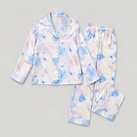 Mulberry silk pajama set laid flat, full garment view