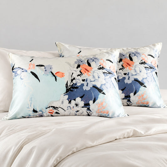 Aqua Peony Printed Mulberry Silk Pillowcase – 20 x 30 in, Hidden Zipper