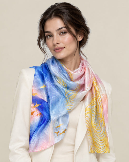 Woman wearing Sea Melody jacquard mulberry silk scarf