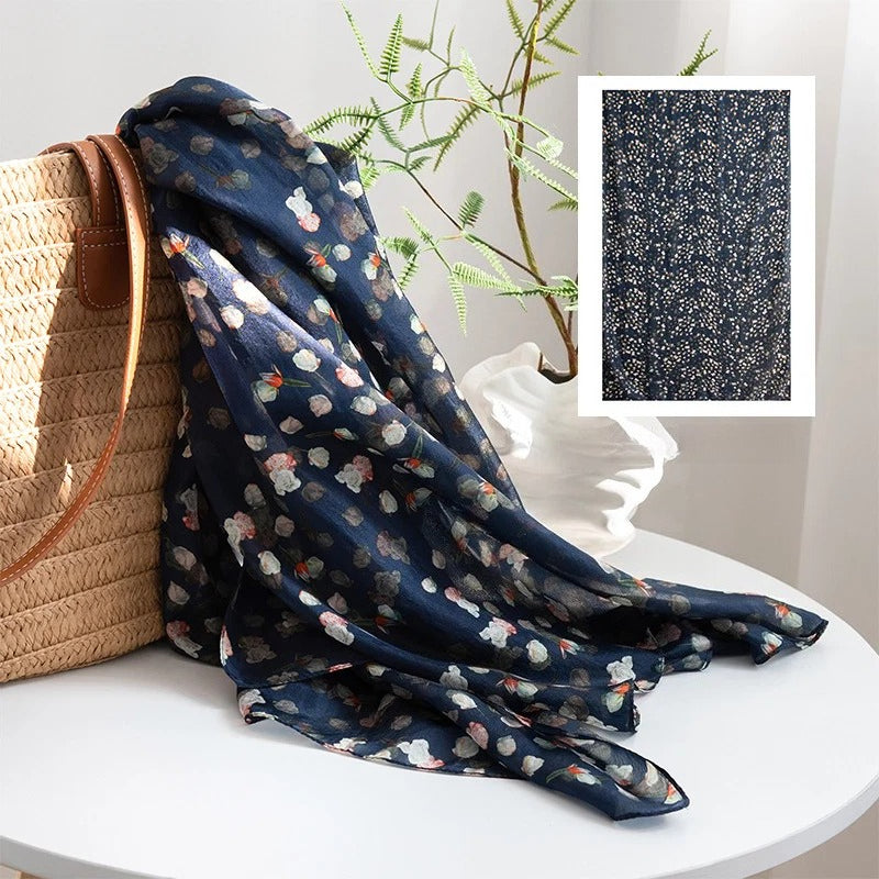 Navy small floral mulberry silk scarf