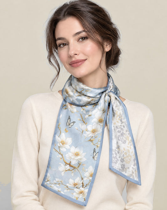 Woman wearing Butterfly Branch slim mulberry silk scarf