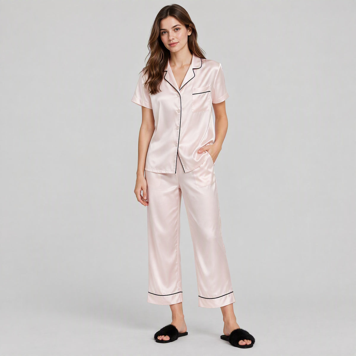 16 Momme Mulberry Silk Short Sleeve Pajama Set – Long Pants