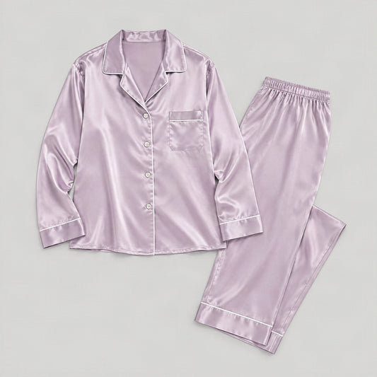 Mulberry silk pajama set laid flat, full garment view