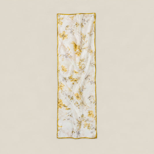 Pale yellow sprig mulberry silk scarf, 22 x 67 in