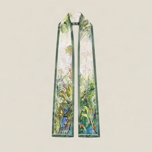 Green Rhapsody slim mulberry silk scarf