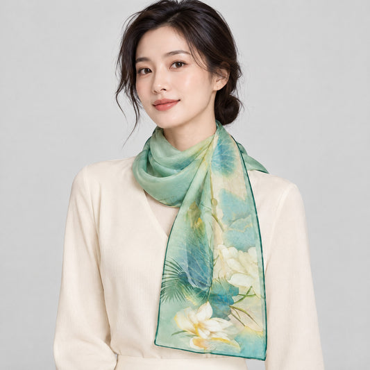 Light Green Lotus Mulberry Silk Long Scarf – 16.5 x 63 in