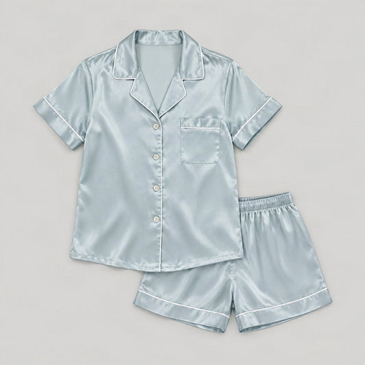 Mulberry silk pajama set laid flat, full garment view