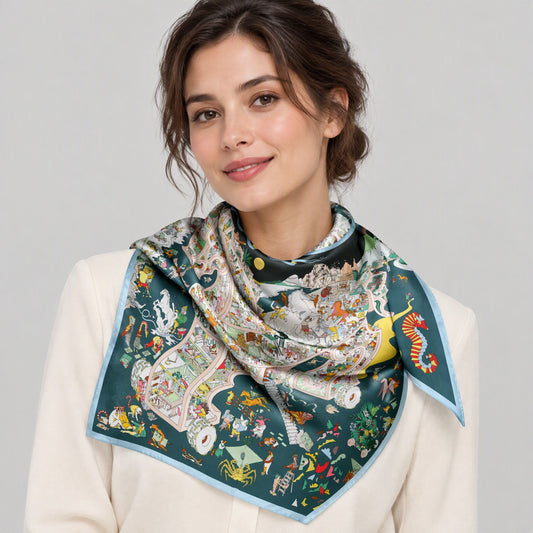 Magical Horse Garden Mulberry Silk Square Scarf – 27 in