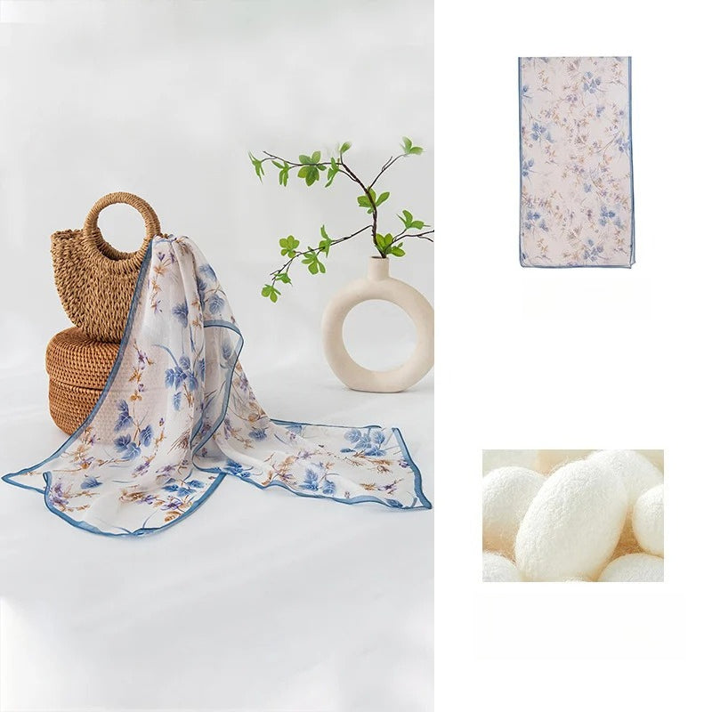 Blue Branch mulberry silk long scarf