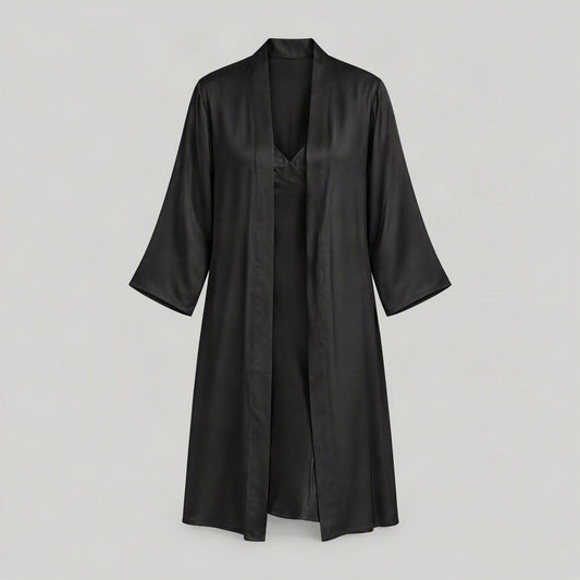 Mulberry silk robe and camisole set laid flat