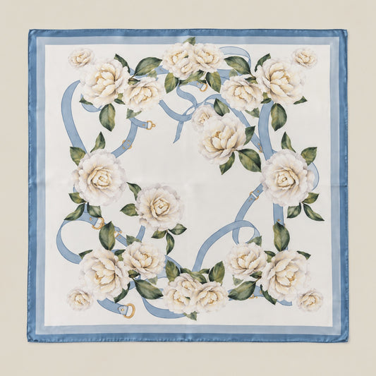 Blue Lily Floral mulberry silk square scarf