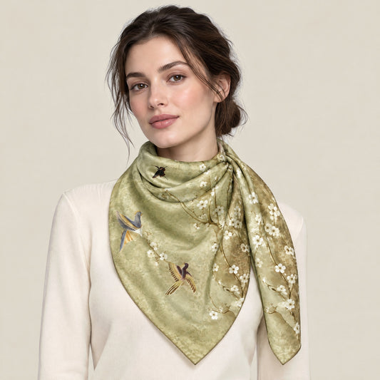 Woman wearing Green Oriole jacquard mulberry silk scarf