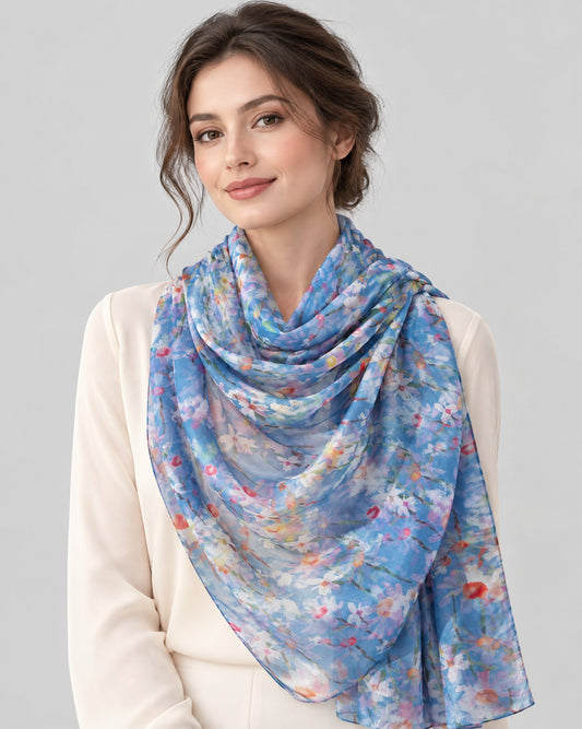 Blue Small Floral Mulberry Silk Scarf – 69 x 43 in