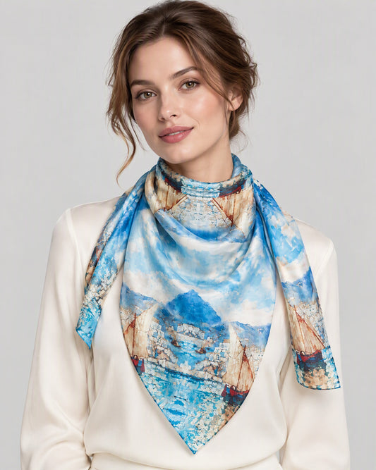 Blue Sea Boat Mulberry Silk Scarf – 69 x 43 in