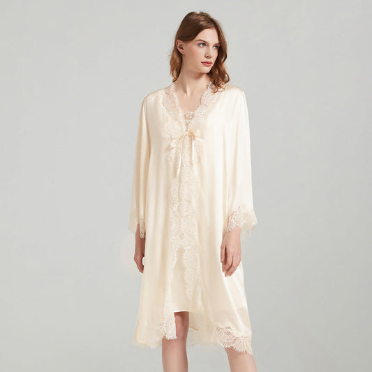 Lace Tie 100% Mulberry Silk Robe & Camisole Set – Romantic V-Neck Loungewear