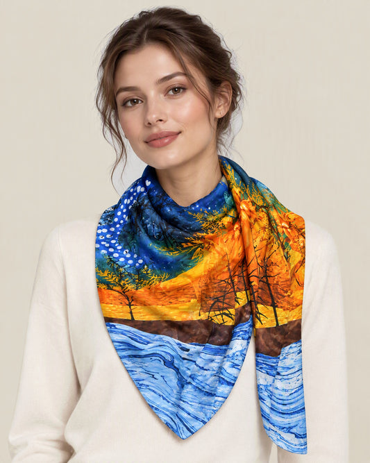 Woman wearing Forest jacquard mulberry silk scarf