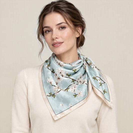Woman wearing Light Blue Floral Branch mulberry silk square scarf