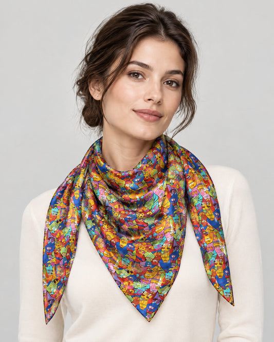 Playful Cat Mulberry Silk Oversized Scarf – 69 x 43 in