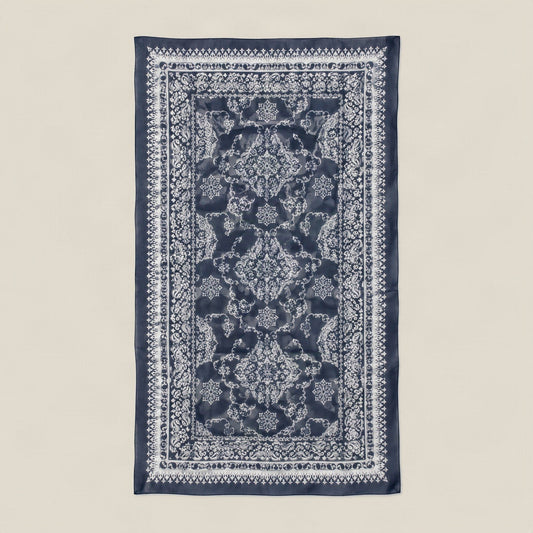 Navy vintage print mulberry silk scarf, 69 x 43 in
