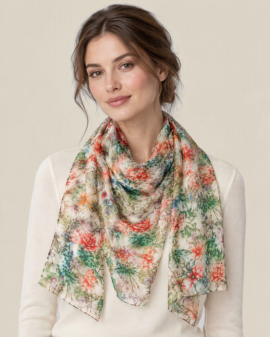Woman wearing Spring Small Floral mulberry silk scarf