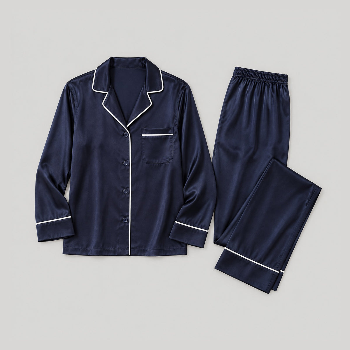 30 Momme Long Sleeve 100% Mulberry Silk Pajama Set – Button-Up with Contrast Piping