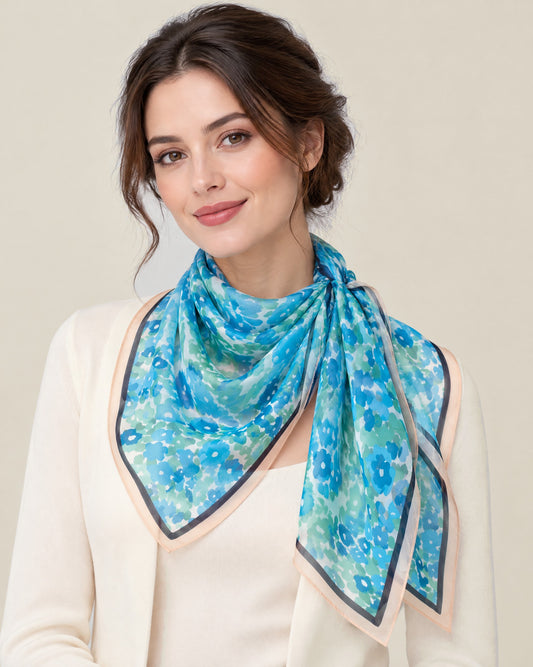 Woman wearing Blue Cartoon Floral mulberry silk long scarf