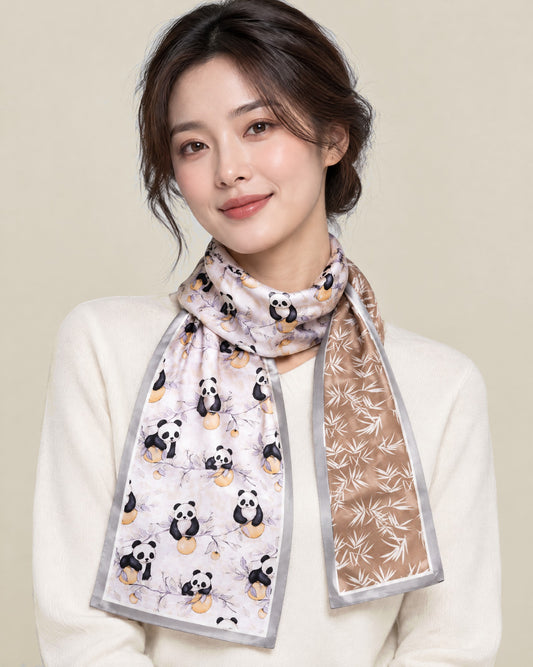 Woman wearing Bamboo Leisure slim mulberry silk scarf