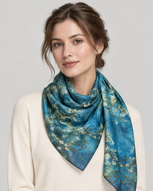 Blue Plum Branch Mulberry Silk Scarf – 69 x 43 in