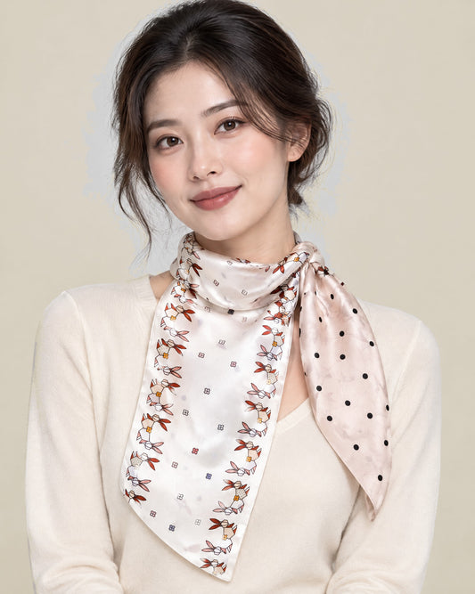 Woman wearing Bunny Garden slim mulberry silk scarf