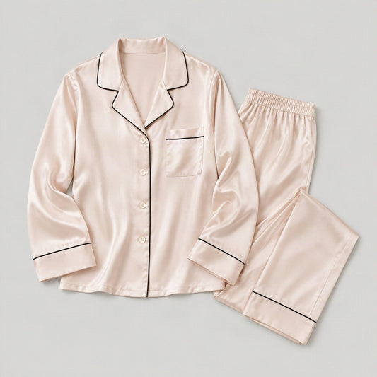 Mulberry silk pajama set laid flat, full garment view