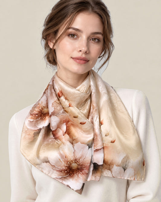 Woman wearing Floral Shadows jacquard mulberry silk scarf