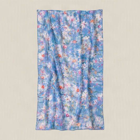 Blue small floral mulberry silk scarf