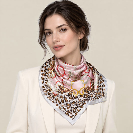 Woman wearing Leopard chain mulberry silk square scarf
