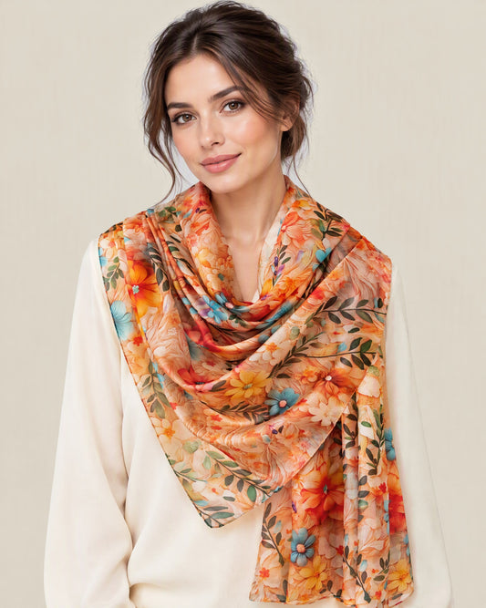 Woman wearing Orange small floral mulberry silk scarf