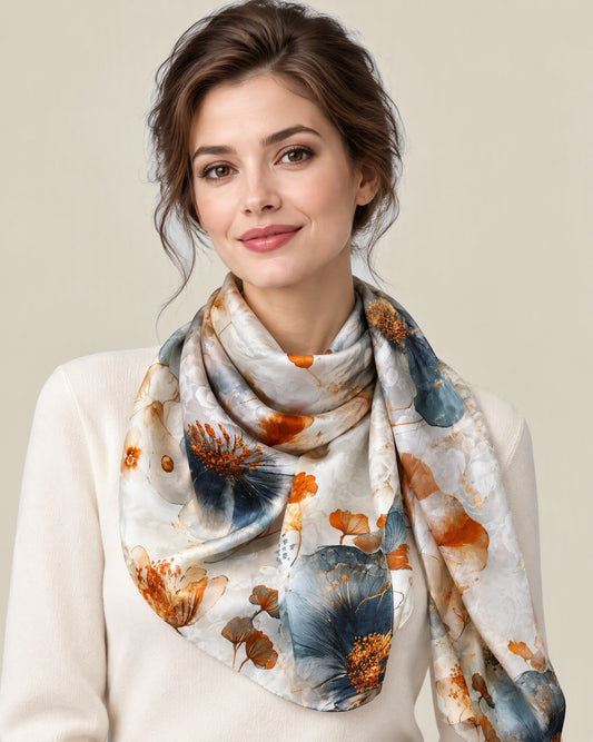 Woman wearing Gilded Florals jacquard mulberry silk scarf