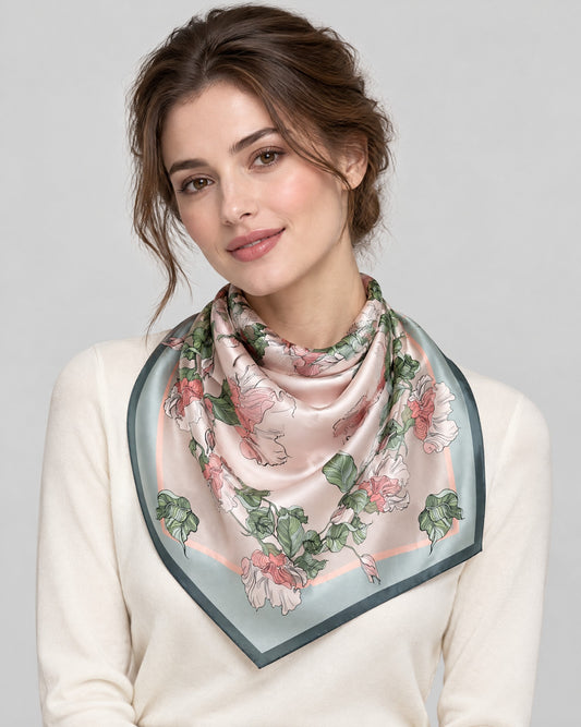 Green Vine Mulberry Silk Square Scarf – 27 in