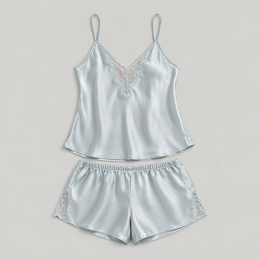 Mulberry silk pajama set laid flat, full garment view