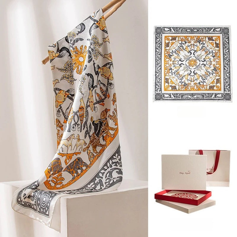 Beige animal motif mulberry silk square scarf