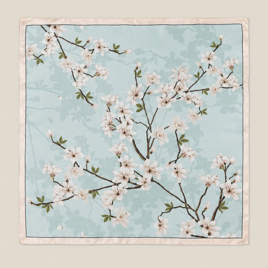 Light Blue Floral Branch mulberry silk square scarf