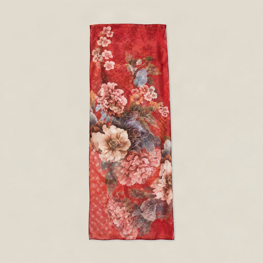Red floral cluster mulberry silk scarf
