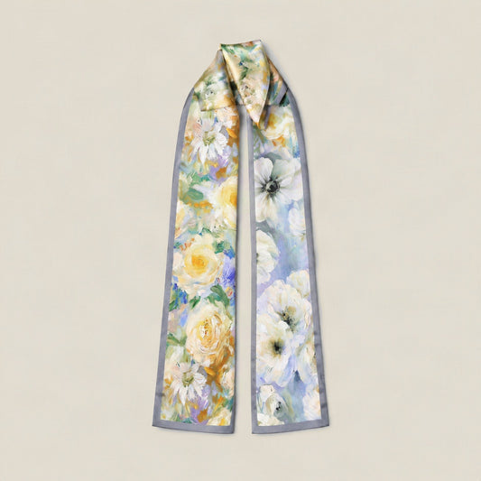 Misty White Rose slim mulberry silk scarf