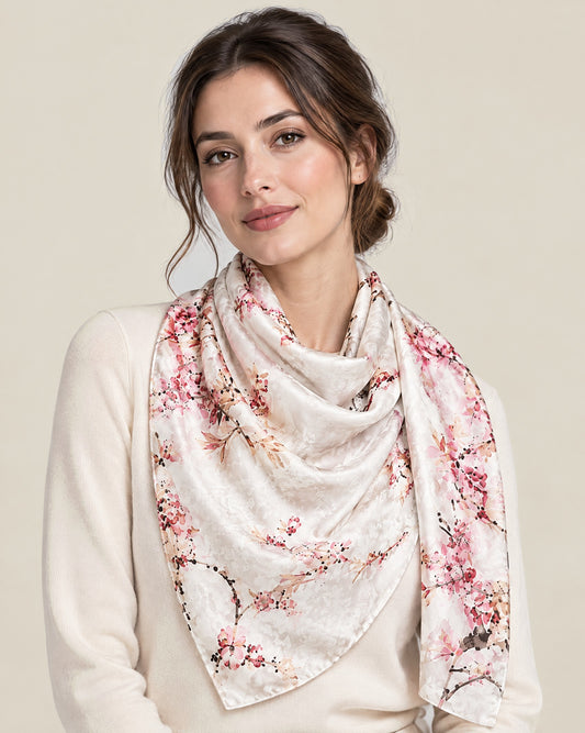 Woman wearing Plum Blossom jacquard mulberry silk scarf