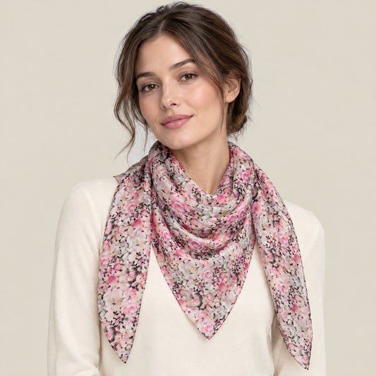 Woman wearing Pink purple small floral mulberry silk scarf