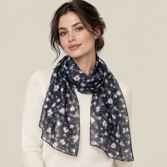 Woman wearing Navy small floral mulberry silk scarf