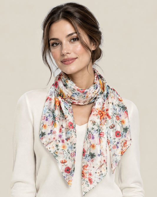 Woman wearing White Colorful Floral mulberry silk scarf