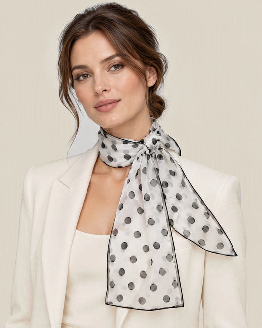 Woman wearing Black polka dot mulberry silk long scarf