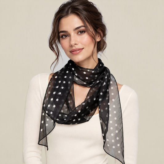 Woman wearing Black mini dot mulberry silk scarf