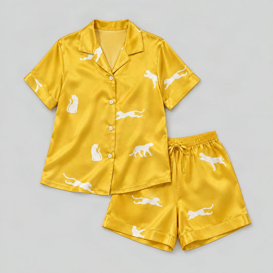 Mulberry silk pajama set laid flat, full garment view